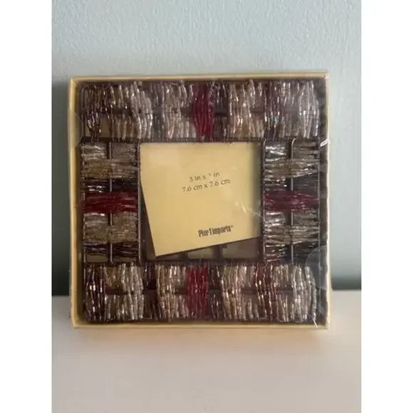 Pier 1 Imports Vtg Gold Silver Red 3x3" Beaded Tabletop Desk Picture Frame- New - Picture 3 of 4